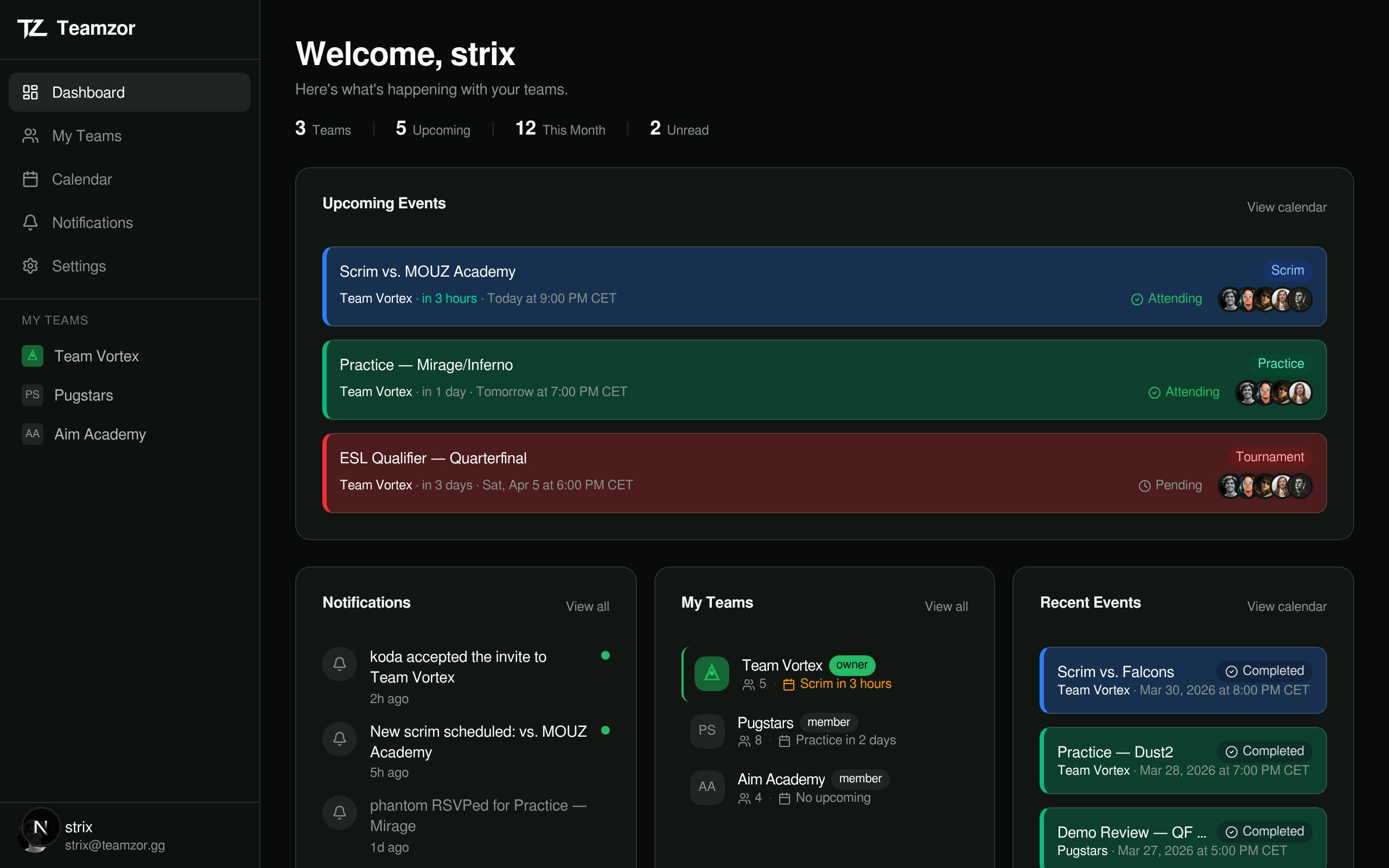 Teamzor dashboard showing upcoming scrims, team stats, and notifications